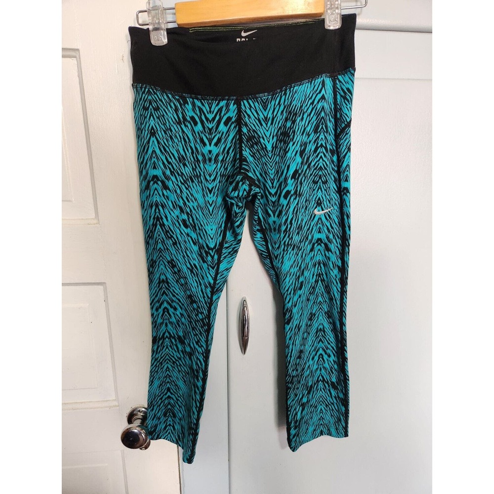 Nike Women's Dri Fit Capri Running Leggings SZ XS, teal and black, zip pocket
